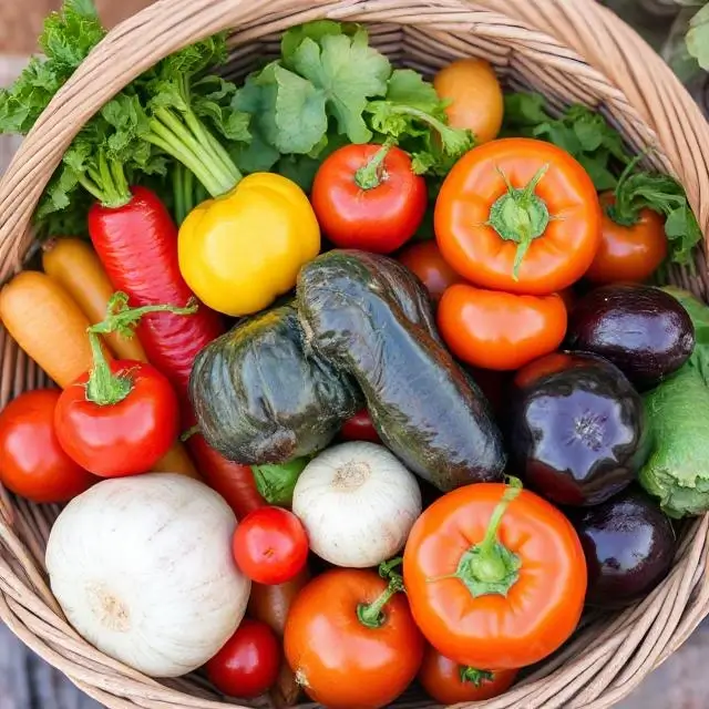 A basket of fresh, colorful farm vegetables