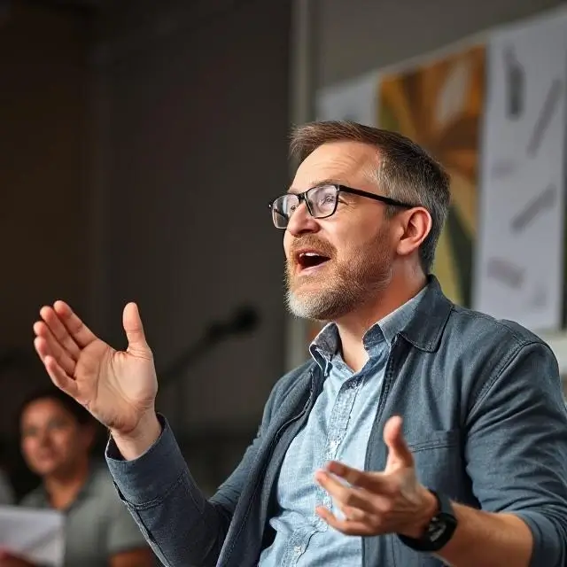 A person passionately explaining something, representing the founder