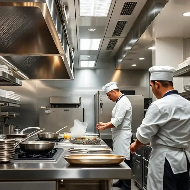 A clean, modern, professional kitchen with chefs at work